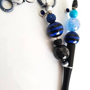 Black Blue Bubble Bead Pen & Keychain Set, Striped  Beads, Gift Idea, Keyring